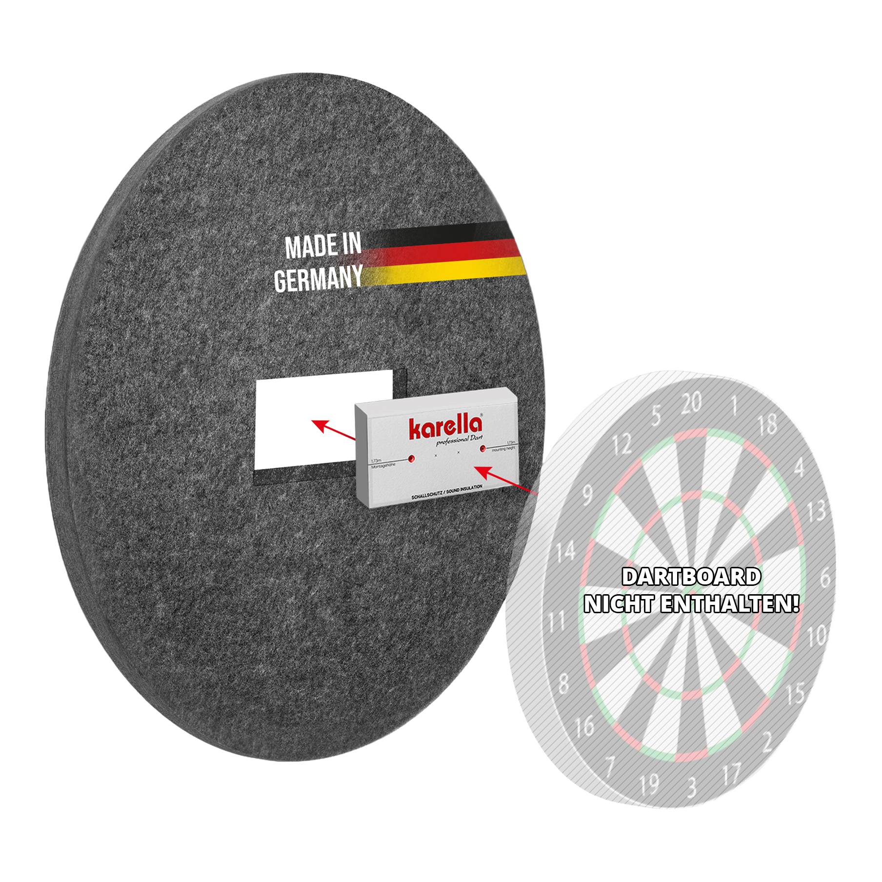 Dieses Bild zeigt den Schallschutz Karella für Steeldartboards mit integriertem Surround Auffangring. Das Produkt dient zur Geräuschdämmung beim Dartspielen.